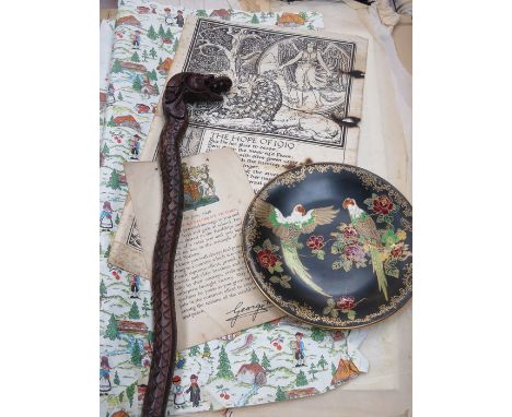 MIXED LOT INCLUDING CARVED WALKING STICK, CROWN DEVON FIELDINGS PLATE PLUS VARIOUS OLD NEWSPAPERS AND PAPERWORK, ETC. 