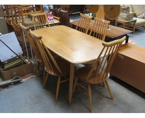 ERCOL GOLDEN DAWN REFECTORY STYLE DINING TABLE AND SIX STICK BACK CHAIRS 