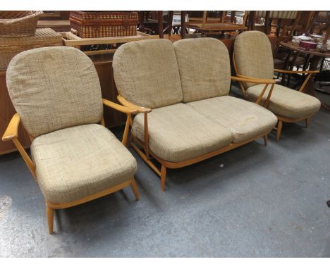 ERCOL LOW COUNTRY STYLE TWO SEATER SETTEE AND TWO ARMCHAIRS