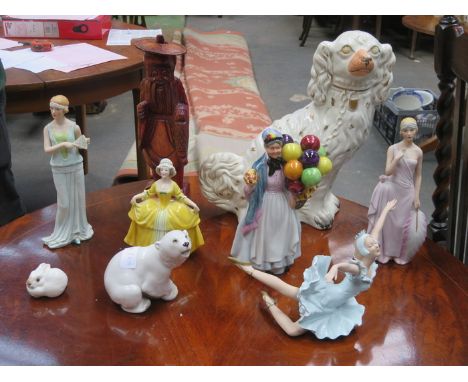 CERAMIC SPANIEL, ORIENTAL CARVING AND VARIOUS CERAMIC FIGURES 