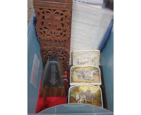 MIXED LOT OF SUNDRIES INCLUDING CARVED BOOK RACK, OLD NEWSPAPER CUTTINGS, METRONOME, BUNTING PARCEL OF POSTCARDS AND IVOREX P