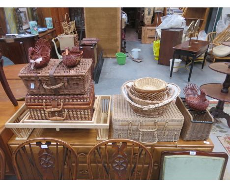 PARCEL OF WICKER PICNIC BASKETS, OTHER BASKETS, ETC, AND ALSO LIGHT WOOD HOMEMADE BED TRAY