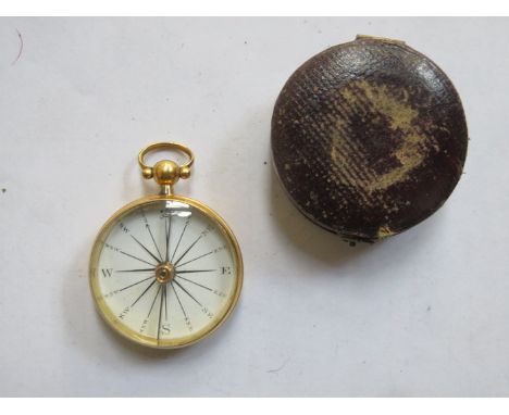 CASED UNHALLMARKED YELLOW METAL POCKET COMPASS, CIRCA 1840 