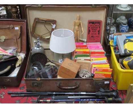 SUITCASE CONTAINING SODA SYPHON, TABLE LAMP, ROAD MAPS, SETS OF BOWLS ETC. 