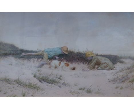 R H RUTHERFORD, GILT FRAMED WATERCOLOUR DEPICTING TWO BOYS WITH A JACK RUSSELL WITHIN A SANDHILLS SETTING, APPROXIMATELY 26cm