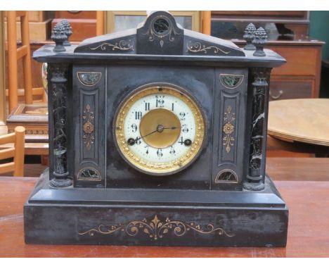 DECORATIVE BLACK SLATE MANTLE CLOCK WITH GILDED & ENAMELLED DIAL