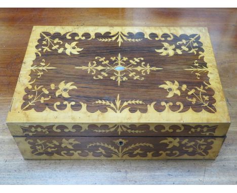 GOOD QUALITY ROSEWOOD WRITING SLOPE WITH MARQUETRY STYLE INLAY AND MOTHER OF PEARL, FOR RESTORATION 
