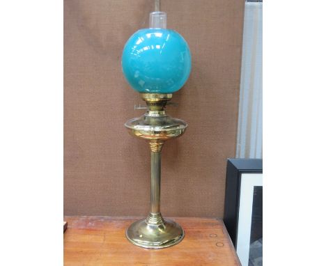 BRASS COLUMN FORM OIL LAMP WITH SHADE 