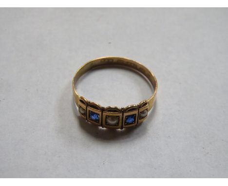 15ct GOLD DRESS RING SET WITH PEARL TYPE STONES AND BLUE SAPPHIRE TYPE STONES 