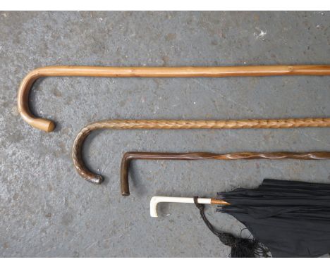 SILVER MOUNTED WALKING STICK, VICTORIAN PARASOL WITH IVORY COLOURED HANDLE, TWIST WALKING STICK PLUS ONE OTHER 