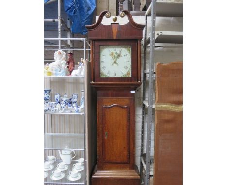 OAK AND MAHOGANY CASED LONGCASE CLOCK WITH HANDPAINTED AND ENAMELLED DIAL