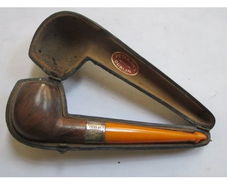 SILVER MOUNTED SMOKER'S PIPE WITH AMBER COLOURED MOUTHPIECE BY PETERSONS, DUBLIN 
