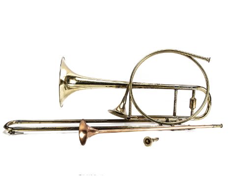 Trombone, Post and Coach Horns, a Corton Trombone with mouth piece, used condition with a few bumps, together with a cylindri