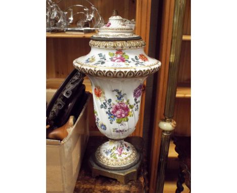A floral decorated china lamp base, various wooden vase stands and other sundries 