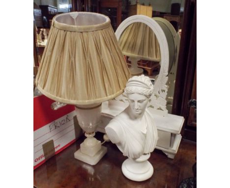 A white painted dressing table toilet mirror, classical bust and an alabaster table lamp 