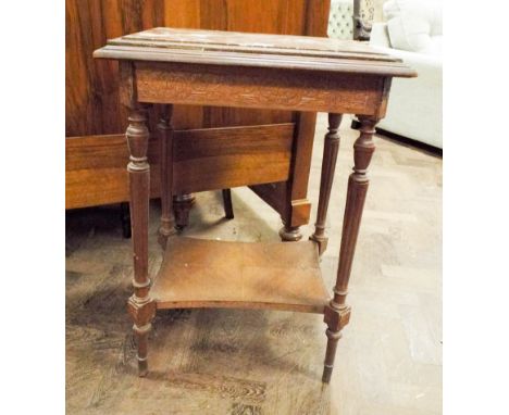 A two tier French walnut plant or lamp table with rouge marble top and under tier 19" wide 