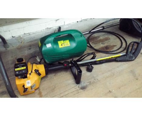 A McCulloch petrol engine strimmer and a small green electric pressure washer 