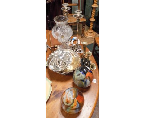 Various plated items, cut glass table lamp, candlestick and pair of large coloured glass decorative balls 