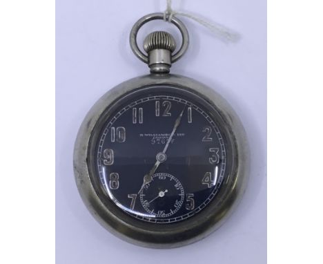 A WW1 era military pocket watch, by H.Williamson Ltd. Black dial with luminescent Arabic numerals and hands. Subsidiary dial 