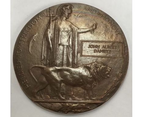 British Death Plaque to K-14505 Stoker 1st Class John Albert Daniels Royal Navy, Killed in Action 22/09/1914 age 23 on HMS Ab