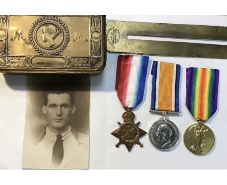 British WW1 1914 Trio &amp; 1914 Christmas Tin, Button Stick and picture to 3-7982 Pte J. W. Benson of the 2nd Yorkshire Regi