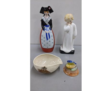 A Royal Doulton Darling HN1219. Villeroy & Boch, flask, a Japanese satsuma pouring bowl and a Noritake salt Location: 6.1 