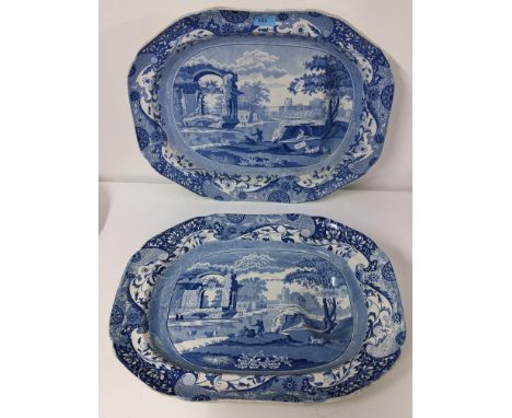 Two early 19th century Copeland blue and white meat plates in Spode Italian pattern with gravy reservoirs A/F Location 