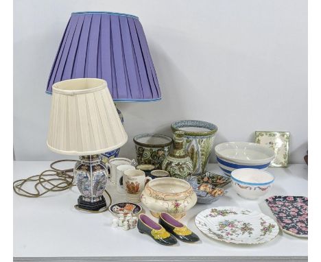 Two 20th century table lamps together with pottery vases and mixed ceramics to include a Crown Ducal ware bowl, Denby Glyn Co