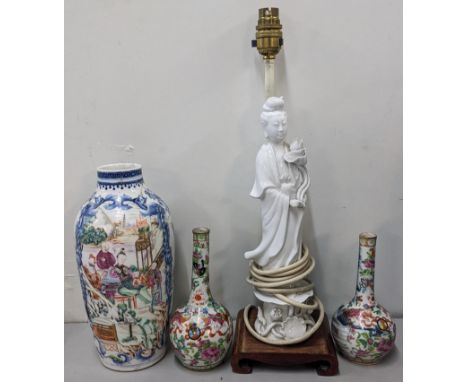 Mixed Chinese porcelain to include a late 18th century mandarin vase, two clobbered bottle vases and a blanc de chine figurin