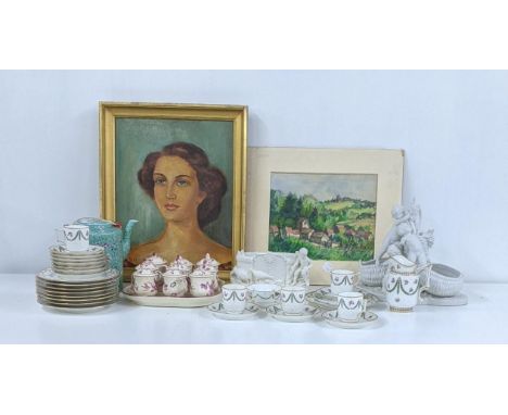 A mixed lot to include an oil on canvas portrait signed lower left together with mixed ceramics to include cups and saucers a
