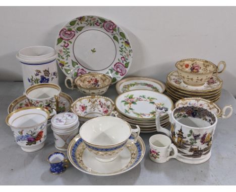 A selection of mainly 19th century porcelain to include a Newhall floral pattern bowl, a Derby cup and saucer, Coalport cups 