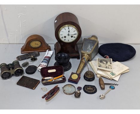 A mixed lot to include a balloon shaped mantle clock, drawing set, postcards brass lantern and other items 