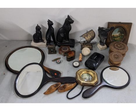 A mixed lot to include an early 19th century copper snuff box, filigree model of a ship, hand mirrors and other itemsLocation