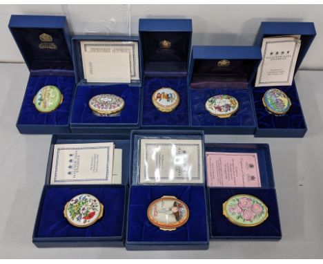 A collection of eight boxed Halcyon Days enamel trinket boxes Location: 