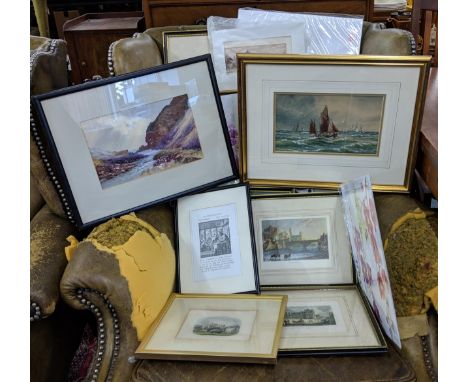 A mixed lot of pictures to include a watercolour seascape, a print of Durham, a Sidney college and other picturesLocation: RO
