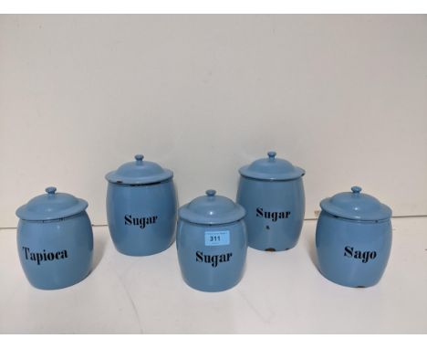 A group of five blue enamel kitchen storage jars to include Sago, Tapioca and Sugar Location: 