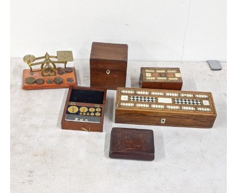 A mixed lot to include a 19th century rosewood cribbage inlaid box, together with scientific weights, scales and othersLocati