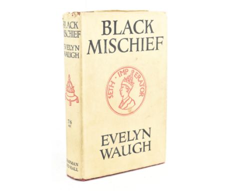 Waugh, Evelyn. 1932 Black Mischief. Publ. Chapman and Hall Ltd. Publisher's original marbled effect cloth binding with unclip