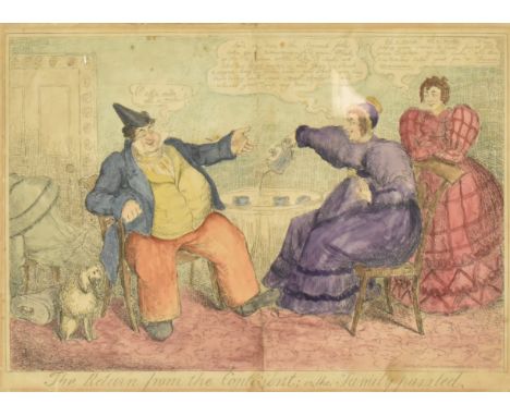 Phillips, John. An early 19th century satirical engraving titled The Return From the Continent, the Family puzzled. Publ. Tho