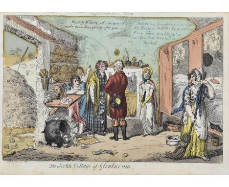 Cruikshank, George. An early 19th century hand-coloured satirical engraving titled The Scotch Cottage of Glenburnia. Tegg's C