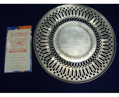 Early aviation interest piece comprising of fretwork presentation silver inscribed 'Presented to Anthony Jannus by Aero Club 