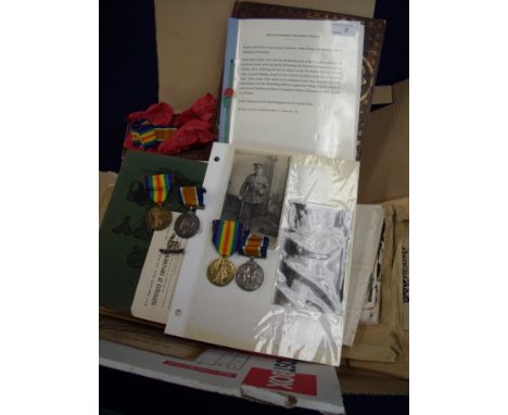 Related group of WWI medals with associated paperwork, research and ephemera including War Medal & Victory Medal awarded to 1