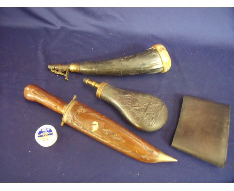 Cows horn shot flask, American style powder flask, butt pad, Malaysian knife and persuasion cap tin 