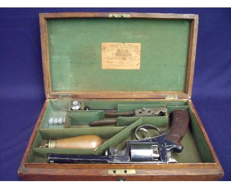 Cased Adams percussion cap revolver, serial no. 60133P circa 1855, retaining much of original finish with six inch octagonal 