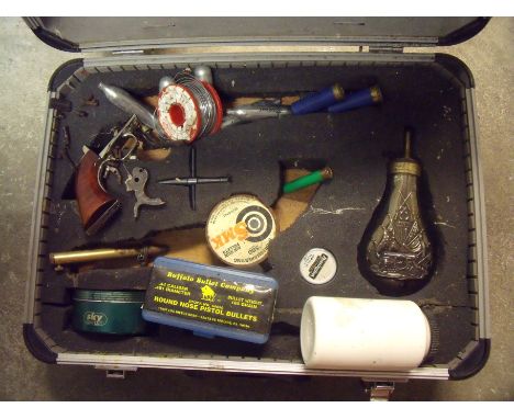 Selection of black powder reloading type equipment, parts of a reproduction colt style pistol, reproduction colt style powder