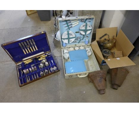 A brass kettle, two cast iron drain hoppers, Brexton picnic hamper, etc.