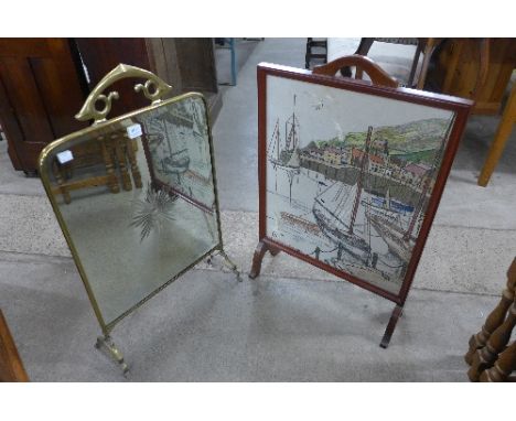 An embroidered firescreen and a Victorian brass mirrored firescreen