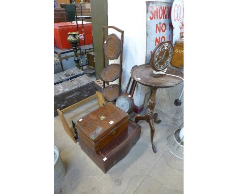 An oak folding cake stand, barometer, Victorian walnut writing box, cutlery box, occasional table, etc.