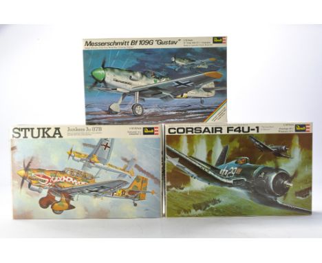 Revell Vintage Plastic Model Aircraft Kits in 1/32 comprising Corsair F4U-1, Junkers JU87B Stuka and Messerschmitt Bf109G Gus