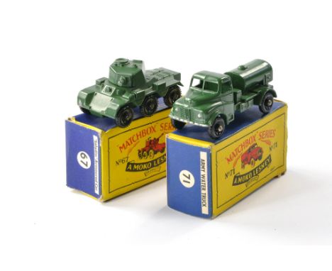 Pair of matchbox Regular wheels comprising of Number 67 Saracen armoured car and Number 71 Army water truck. Both generally e